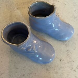 Vintage Shawnee Baby Booties Pottery Embossed Blue Shoe Planter USA Set Of Two